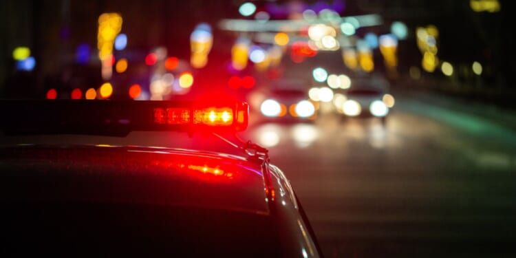 Police car lights at night in a city.