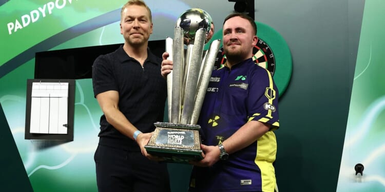 Why is Chris Hoy presenting World Darts Championship trophy to winner?