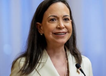 Nobel Peace Prize winner Maria Corina Machado attends a press conference with the President of Norway's Parliament Storting (unseen) on December 11, 2025 at the Storting in Oslo