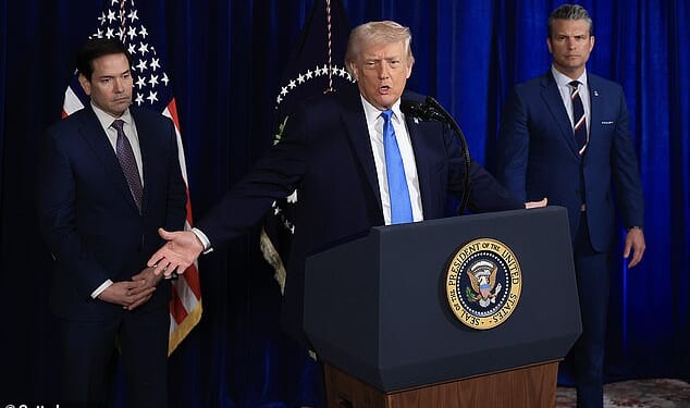 President Donald Trump (center) suggested that Secretary of State Marco Rubio (left) and Defense Secretary Pete Hegseth (right) would be running Venezuela for the foreseeable future