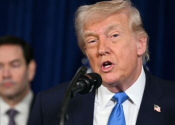 President Donald Trump speaks to the press as Secretary of State Marco Rubio looks on following U.S. military actions in Venezuela at his Mar-a-Lago residence in Palm Beach, Florida, on Jan. 3, 2026.