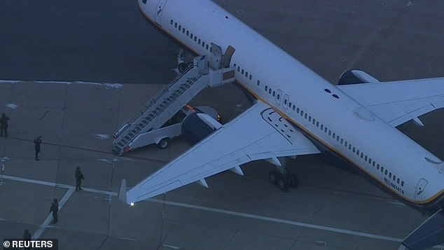 A plane carrying captured Venezuelan Prime Minister Nicolas Maduro is pictured after landing at Stewart Air National Guard Base in New York on Saturday evening