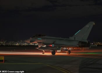 A Royal Air Force Typhoon aircraft is seen here preparing to take-off before joining a mission to strike an ISIS-occupied base in Syria