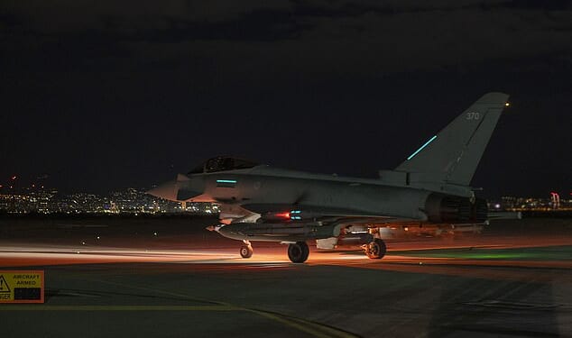A Royal Air Force Typhoon aircraft is seen here preparing to take-off before joining a mission to strike an ISIS-occupied base in Syria
