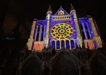 This photograph shows the illuminated Notre-Dame Cathedral in Charles on Christmas Eve, Dec. 24, 2025 in north-central France.