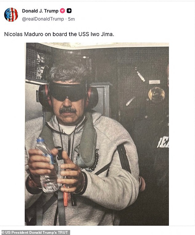 Venezuelan President Nicolas Maduro is pictured after his shock capture from Caracas on Friday night in a photo shared by President Donald Trump on his Truth Social website
