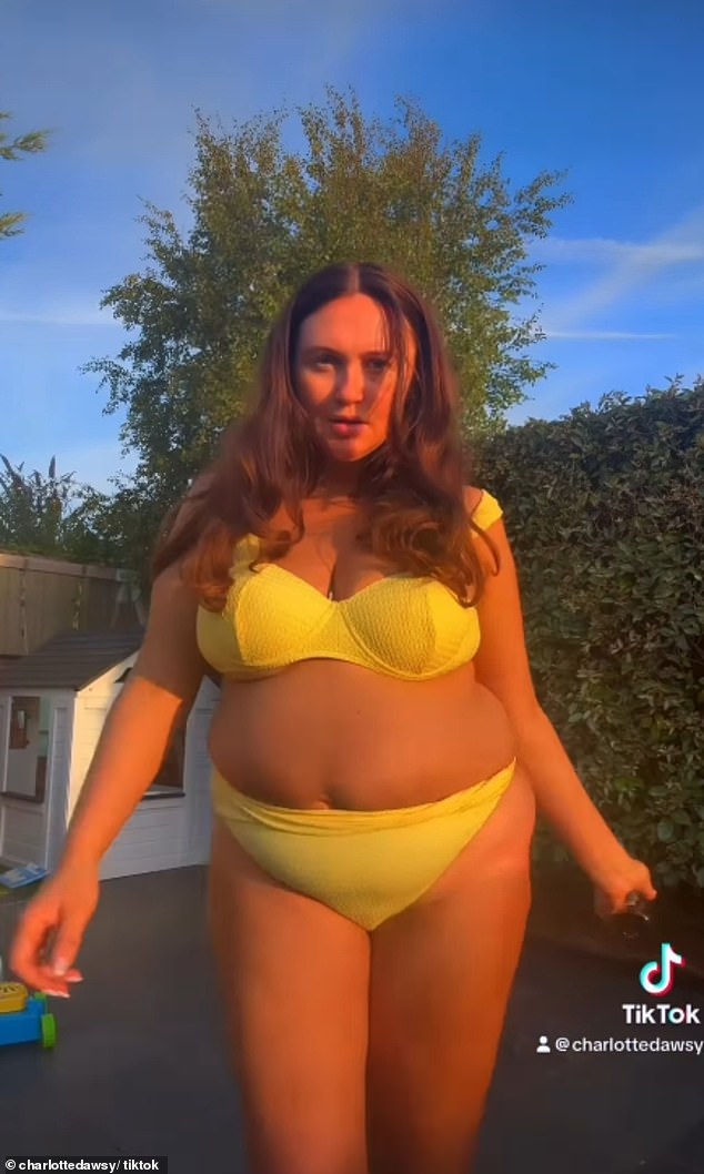 Charlotte told fans how she lost 1st 13lbs in just five months between July and December in which a 'before' snap showed her in a yellow bikini (pictured July)