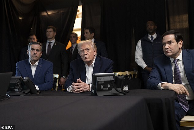 US President Donald Trump (C), alongside CIA Director John Ratcliffe (L) and Secretary of State Marco Rubio (R), watching 'Operation Absolute Resolve'