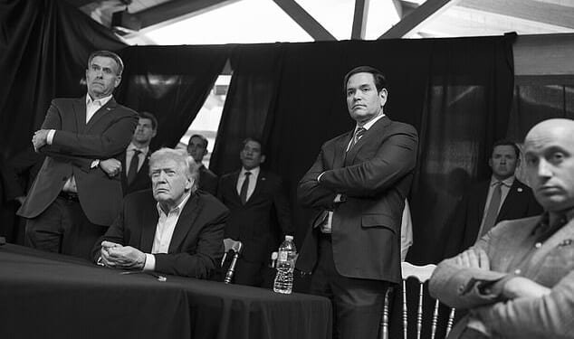 The White House released photos Saturday afternoon of President Donald Trump (center left) at a Mar-a-Lago surrounded by key aides including CIA Director John Ratcliffe (left), Secretary of State Marco Rubio (right of Trump) and Deputy Chief of Staff Stephen Miller (right)