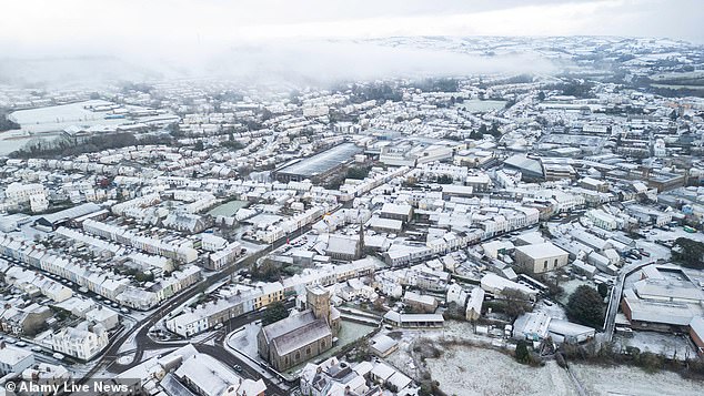 WALES -- Snow covers the town of Carmarthen in the west of Wales on January 4, 2026