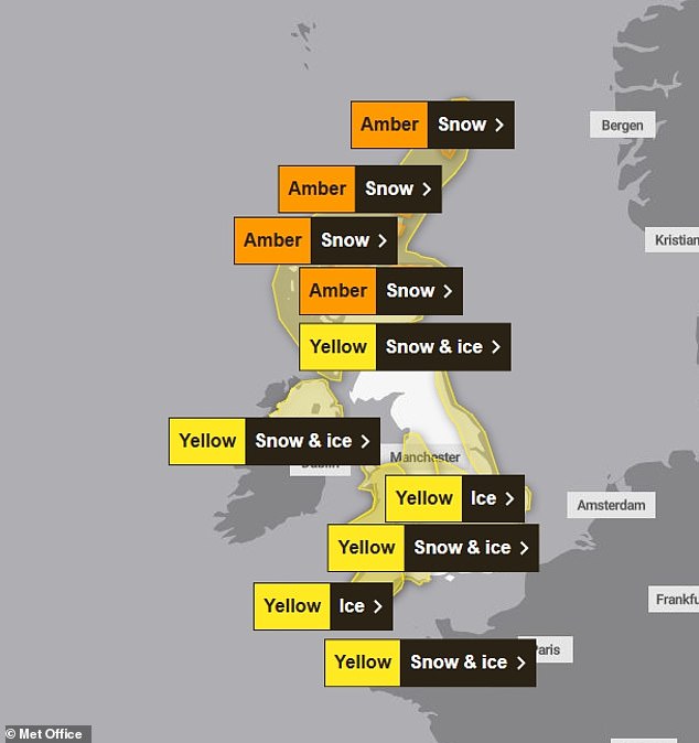 Amber weather warnings have been issued as Britons are warned that wintry conditions are anticipated to worsen across the UK