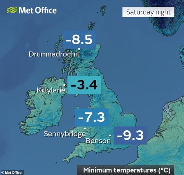 Temperatures plummeted to -9.3C in some parts on Saturday night as England and Wales recorded their lowest temperatures of the winter season so far