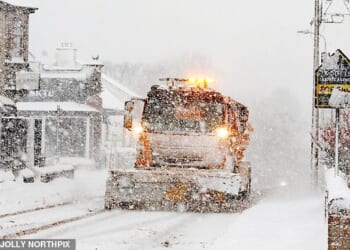SCOTLAND -- A snow plough struggles through the snow on the A9 at Brora in the Scottish Highlands on January 4, 2026