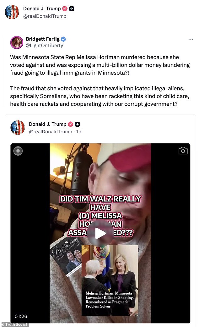 Trump shared a post to his Truth Social page suggesting that Hortman was killed because she voted to repeal eligibility for undocumented adults to access MinnesotaCare