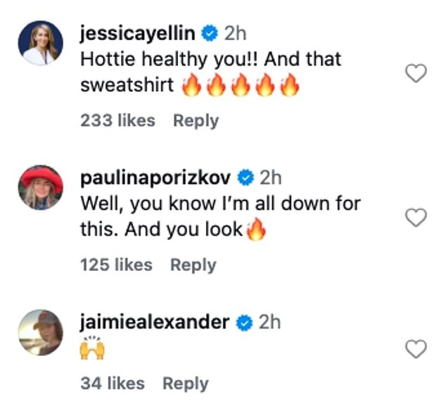 Her famous pals praised her in the comments, with Paris Hilton leaving a heart-eye emoji, and Friends star Courtney Cox writing, 'You are gorgeous Amy!'