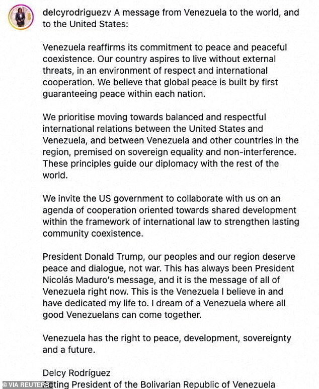 A statement by Delcy Rodriguez, the acting President of Venezuela on Instagram, after the U.S. launched an attack on Venezuela, capturing its President Nicolas Maduro and his wife Cilia Flores, in this screenshot taken from a post on her social media account, released on January 4, 2026. Delcy Rodriguez via Instagram/Handout via REUTERS    THIS IMAGE HAS BEEN SUPPLIED BY A THIRD PARTY. NO RESALES. NO ARCHIVES. MANDATORY CREDIT.  REFILE - CORRECTING YEAR FROM "2025" TO "2026".