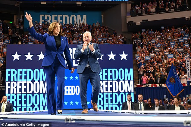 Former Vice President of the United States Kamala Harris and her former Democratic vice presidential running mate Minnesota Gov. Tim Walz walk out on stage during a Harris-Walz campaign rally in Milwaukee, Wisconsin, United States on Tuesday, Aug. 20, 2024