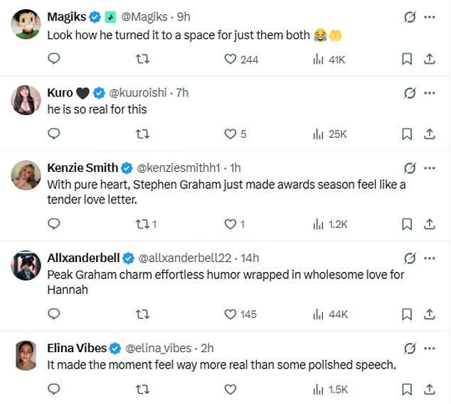 Viewers were quick to point out it was one of many sweet moments Stephen has shared with Hannah, noting: 'Stephen Graham just turned awards season into a love letter'