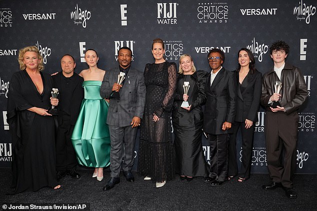 the couple's production company also produced Adolescence - with Hannah therefore taking to the stage herself during its incredible awards season success (pictured with Erin Doherty, Ashley Walters, Emily Feller, Christine Tremarco, Nina Wolarsky and Owen Cooper)