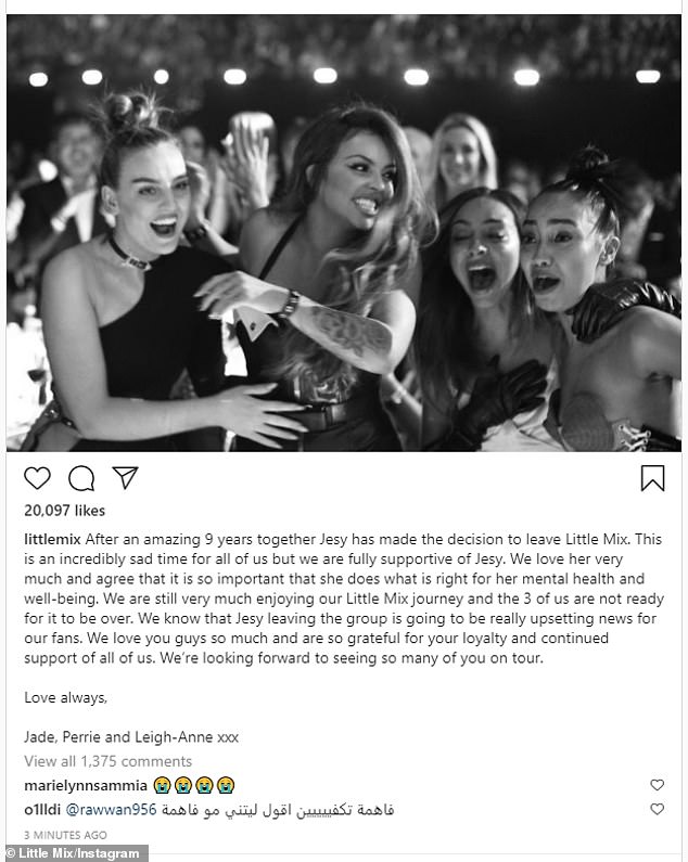 Little Mix also took to Instagram to share the news as they admitted it was an 'incredibly sad time' for the band but they 'fully support' Jesy's decision