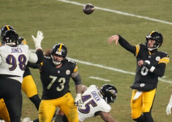 Pittsburgh Steelers quarterback Aaron Rodgers throws during the second half of an NFL football game against the Baltimore Ravens on Jan. 4, 2026, in Pittsburgh, Pennsylvania.