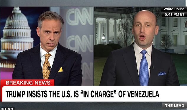 Stephen Miller, right, flatly declared that Greenland 'should be part of the United States' - and insisted that no country would dare fight Washington over the Arctic territory's future