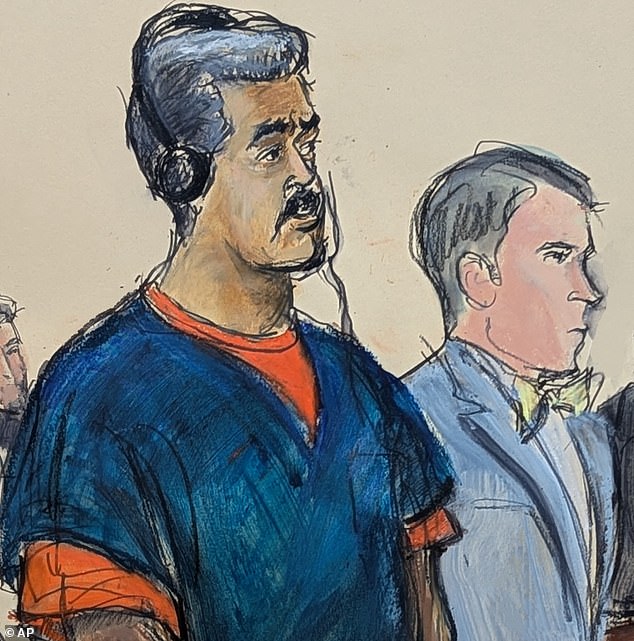 A court sketch of Maduro, left, as he appears in Manhattan federal court with his defence attorneys
