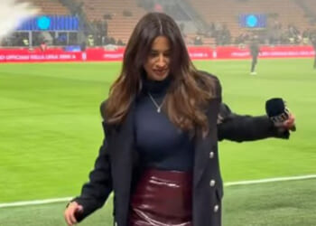 Moment glamorous Serie A presenter rushes off pitch after she is soaked by sprinklers at Inter Milan clash