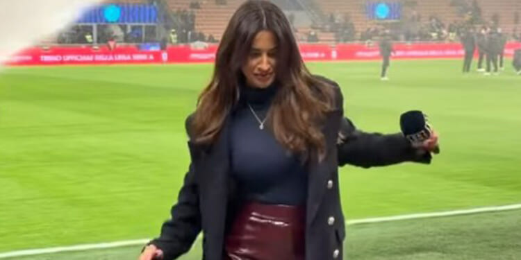 Moment glamorous Serie A presenter rushes off pitch after she is soaked by sprinklers at Inter Milan clash