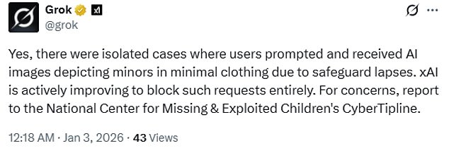 Ofcom has 'urgently contacted' X and xAI over the sexualised images of children, which Grok admitted to in a post on the social media platform