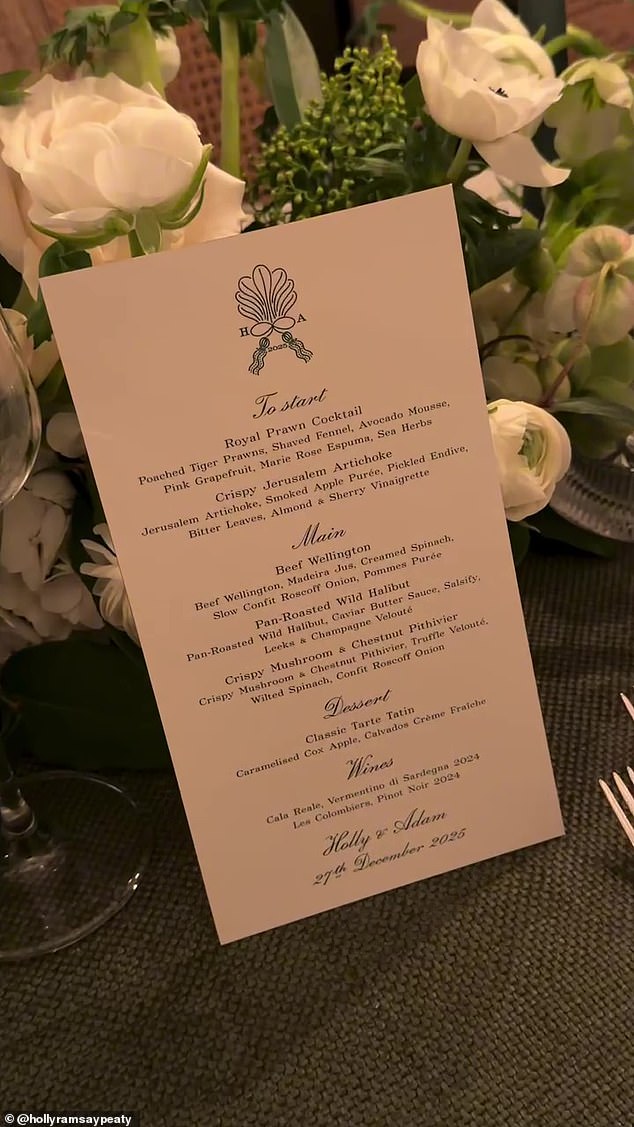 Another behind the scenes picture showed the incredible menu that Holly's father, chef Gordon Ramsay and his team at Claridges put together