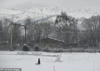 A pedestrian walks their dog across a snow-covered cricket pitch today in Glossop, Derbyshire