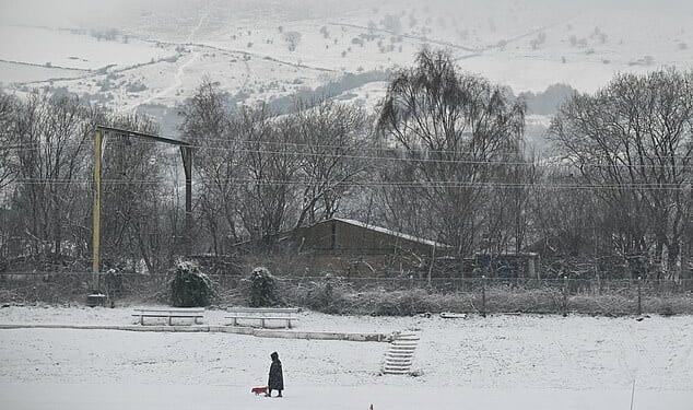 A pedestrian walks their dog across a snow-covered cricket pitch today in Glossop, Derbyshire