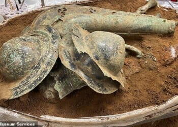A remarkable collection of Iron Age objects dating back 2,000 years has been discovered in West Norfolk. Pictured: Stacks of shield bosses covering the head of the carnyx