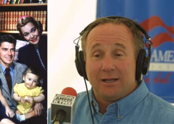 Michael Reagan, son of former President Ronald Reagan, is seen at right during his conservative radio talk show broadcast in 2001. At left, he's seen as an infant with his parents, Ronald Reagan and Jane Wyman, and sister Maureen.