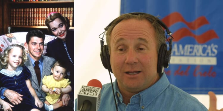 Michael Reagan, son of former President Ronald Reagan, is seen at right during his conservative radio talk show broadcast in 2001. At left, he's seen as an infant with his parents, Ronald Reagan and Jane Wyman, and sister Maureen.