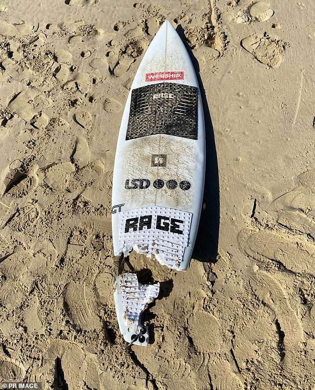 The shocking chewed-up remains of Kai McKenzie's surfboard after the shark attack on the mid North Coast in July 2024