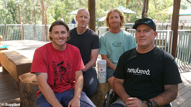 Danny (back right) was joined by fellow local surfers and shark attack survivors Kai McKenzie (left) and Toby Begg (right) to meet with GoFundMe CEO Tim Cadogan (back left) and discuss the continued development of Community SBK shark bite kits