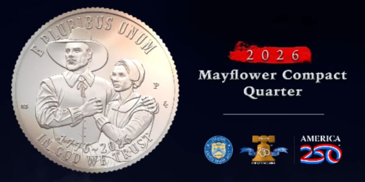 The Mayflower Compact Quarter, which entered into circulation on Jan. 5, 2026, features on the front side two Pilgrims, a man and a woman, under a banner that reads "E Pluribus Unum."
