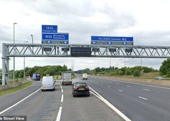 The road was closed for almost two hours while emergency services dealt with the incident at junction 32 where the M6 southbound links to the M55 (pictured)