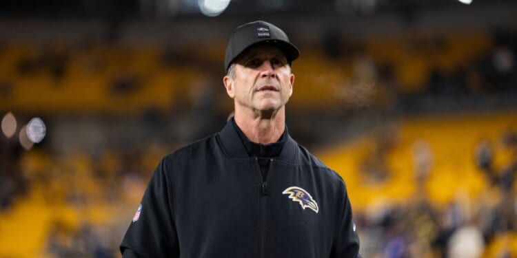 John Harbaugh of the Baltimore Ravens looks on prior to an NFL football game against the Pittsburgh Steelers at Acrisure Stadium on Jan. 4, 2026, in Pittsburgh, Pennsylvania.
