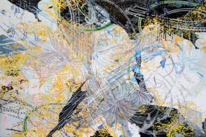 Ink on panel painting by Kenny Jones "Falling Outside"