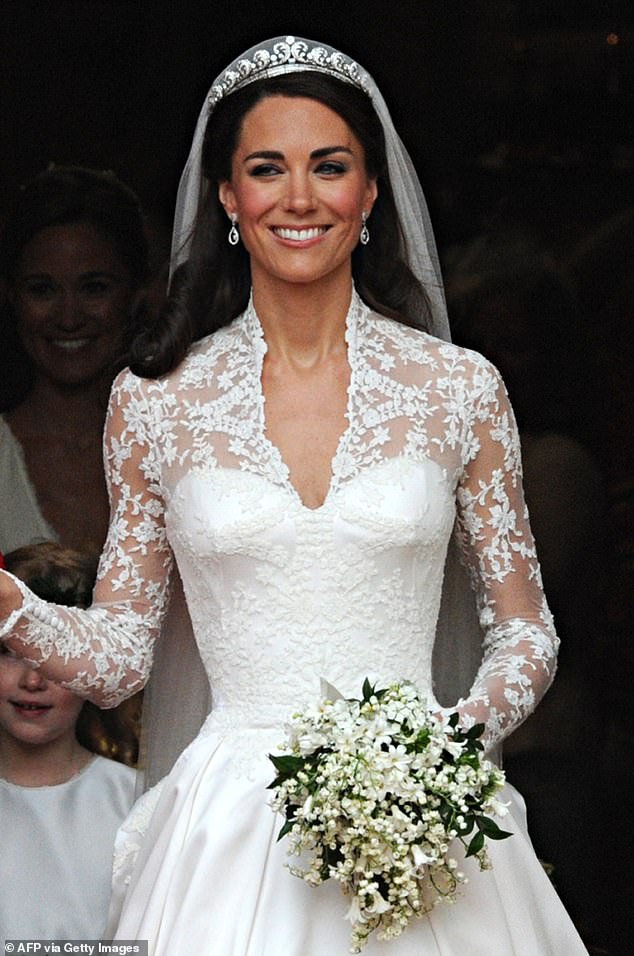 Kate's bridal bouquet was made up of five different types of white flowers, including lily-of-the-valley, sweet William, hyacinth, ivy and myrtle. Myrtle has featured in royal brides' wedding bouquets since 1885