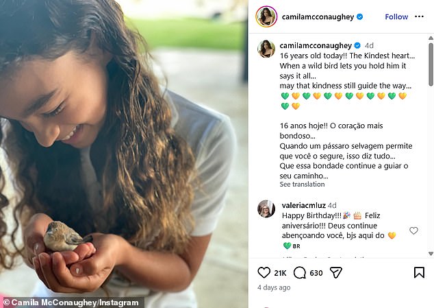 On Sunday, McConaughey and his wife of 13 years, Women of Today founder Camila Alves, celebrated the sweet 16th birthday of their daughter Vida