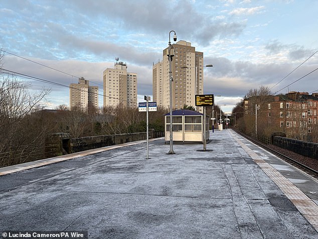 A frosty platform at Pollokshaws East railway station in Glasgow on Wednesday morning