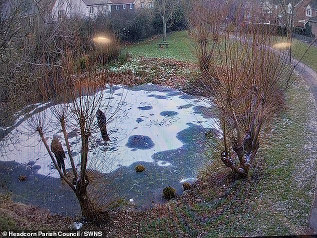 Children are spotted playing on a frozen pond in the village of Headcorn near Ashford in Kent