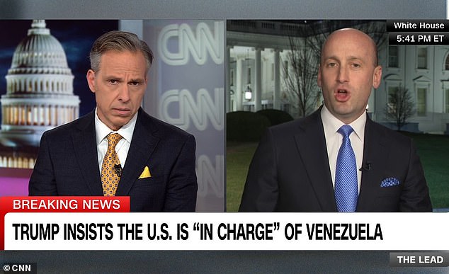 Speak on CNN, White House deputy chief of staff for policy and homeland security advisor Stephen Miller (right) flatly declared that Greenland 'should be part of the United States' - and insisted that no country would dare fight Washington over the Arctic territory's future
