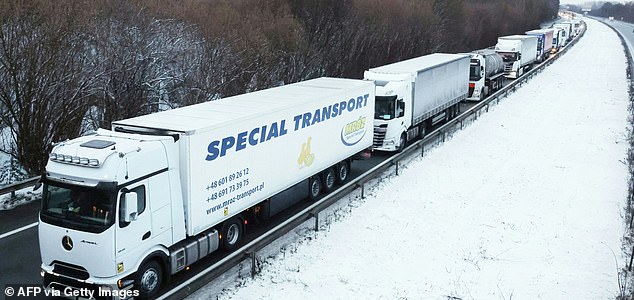 This photograph shows a lane of trucks stuck in traffic jam on the A2 motorway near Onnaing, northern France on January 7, 2026, ahead of the Goretti snowstorm. (Photo by Francois LO PRESTI / AFP via Getty Images)