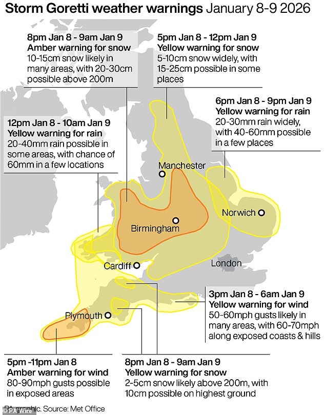 Storm Goretti weather warnings January 8-9 2026. See story WEATHER Snow. Infographic PA Graphics. An editable version of this graphic is available if required. Please contact graphics@pamediagroup.com.