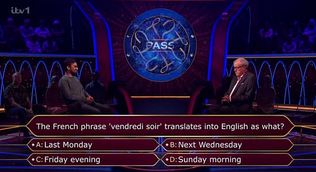 Nauzer struggled with the third £300 question: 'The French phrase ¿vendredi soir¿ translates into English as what?'
